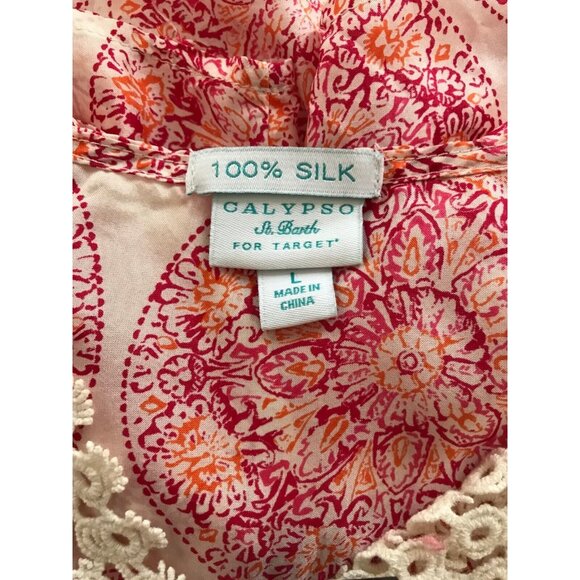 Calypso St Barth Target Women's Large Silk Pink Red Floral Print Tunic Blouse - Picture 9 of 10